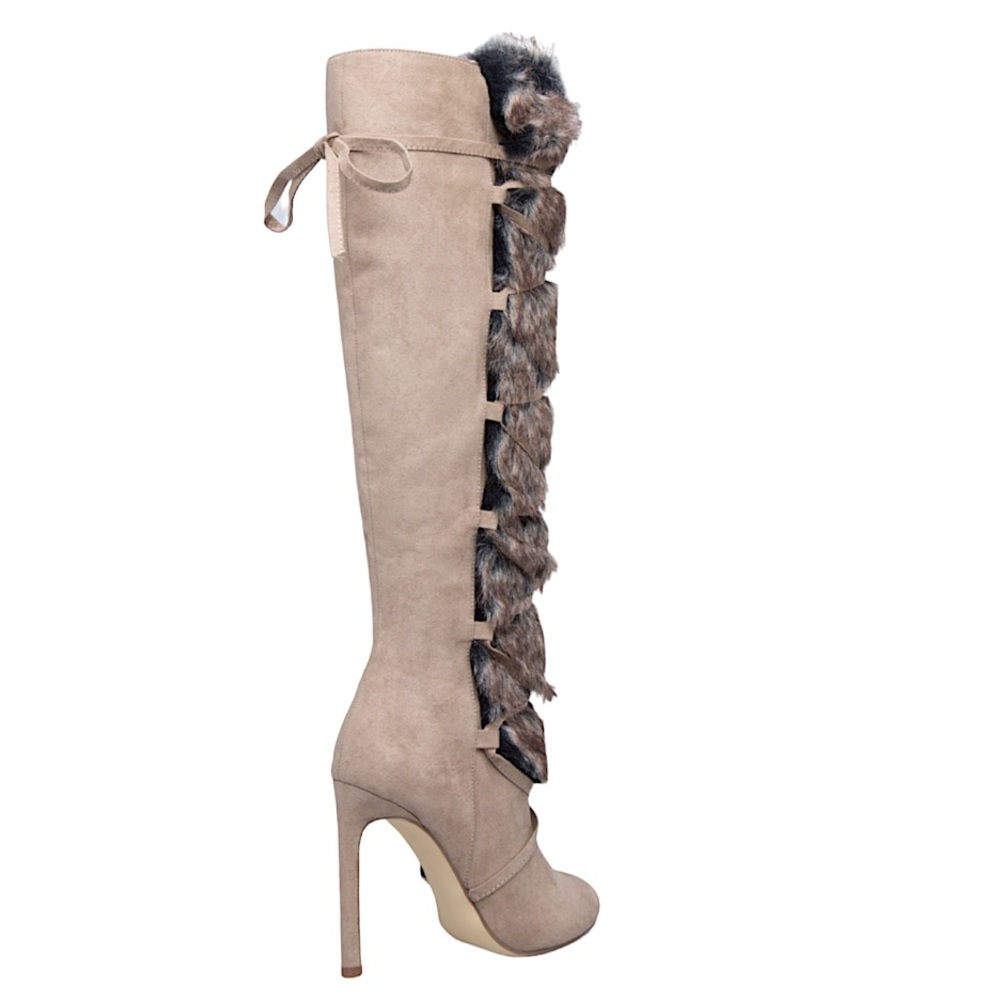 Suede Light Taupe Lace Up Faux Fur Boots - Picture 9 of 17